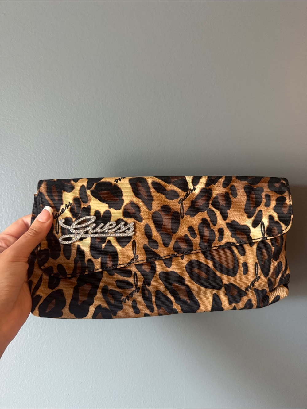 GUESS Leopard-Print Foldover Clutch in Brown and Black